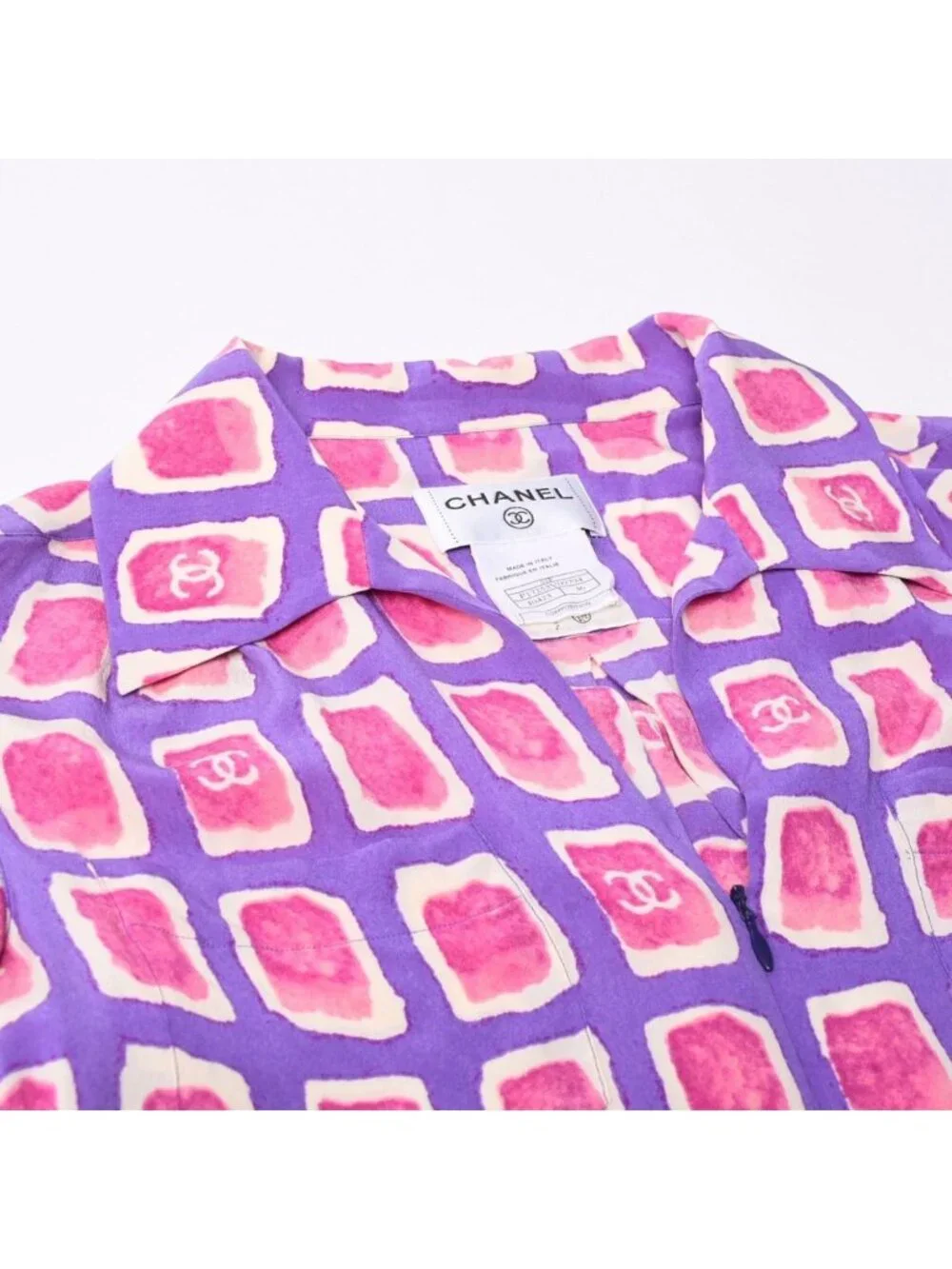 Chanel Zip Up Long Sleeve Silk Shirt CC Logo Coco Cube Purple 36